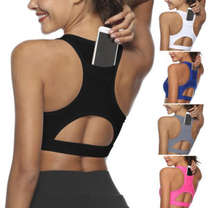 Women Sports Bra With Phone Pocket Print Yoga Top Fitness Running Wear Haut Femme Padding Gym Bras Wireless Top Deportivo Mujer