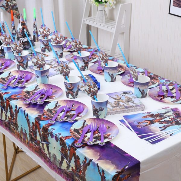 Fortnite Theme Birthday Decoration Cake Stand Paper Cup Tray Tableware Set Supplies Party Accessories Birthday Background Cloth 6